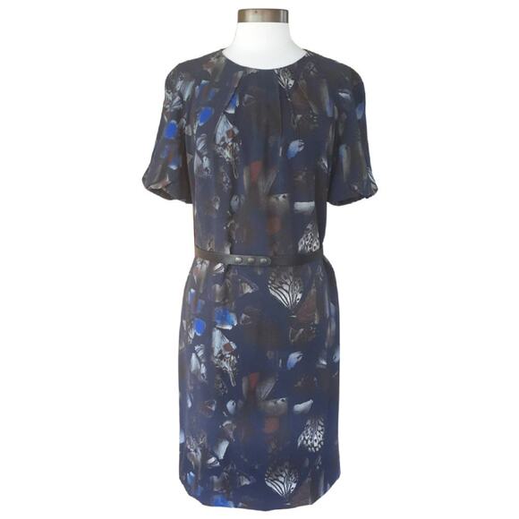 AKRIS Punto Belted Dress Navy Multi Butterfly Print Wool Crepe - Picture 1 of 10